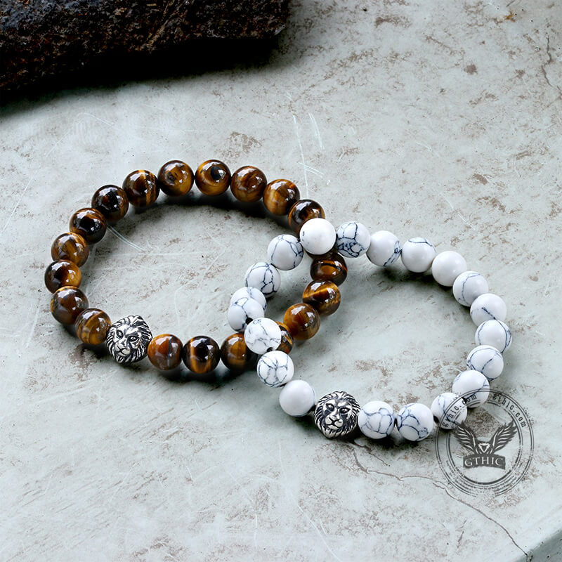 Lion Head Agate Stone Stainless Steel Bead Bracelet | Gthic.com