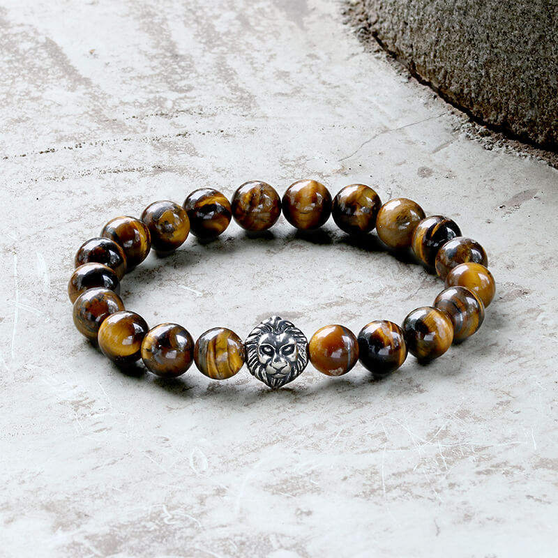 Lion Head Agate Stone Stainless Steel Bead Bracelet | Gthic.com