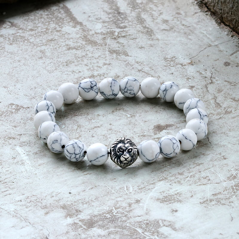Lion Head Agate Stone Stainless Steel Bead Bracelet | Gthic.com
