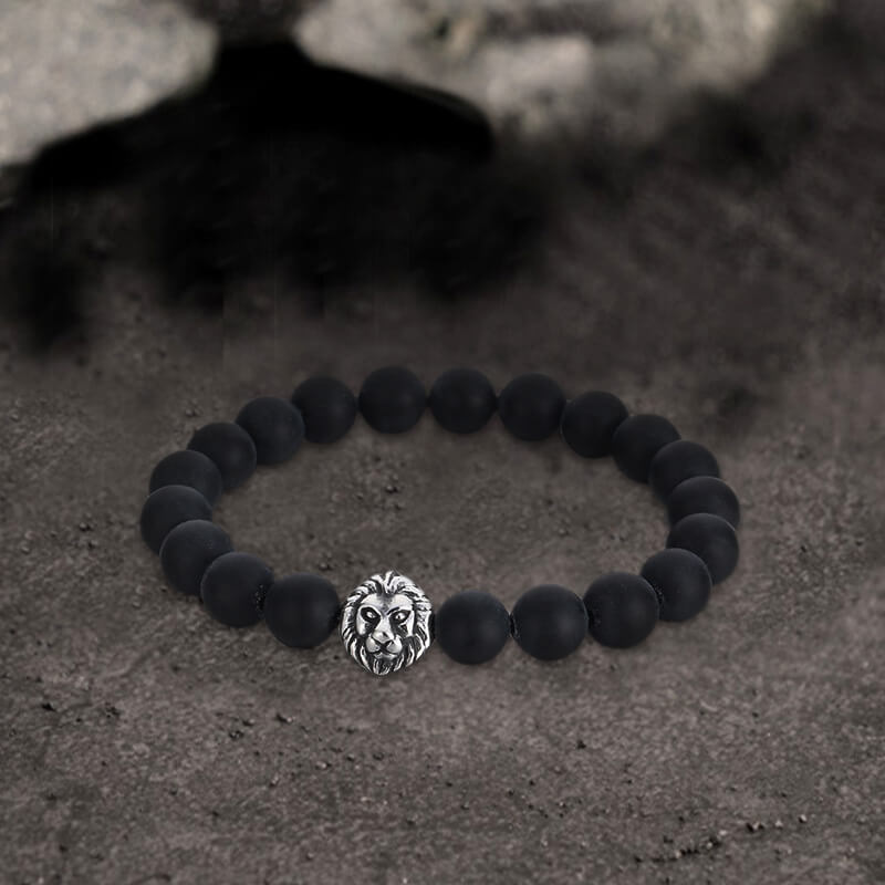 Lion Head Agate Stone Stainless Steel Bead Bracelet | Gthic.com