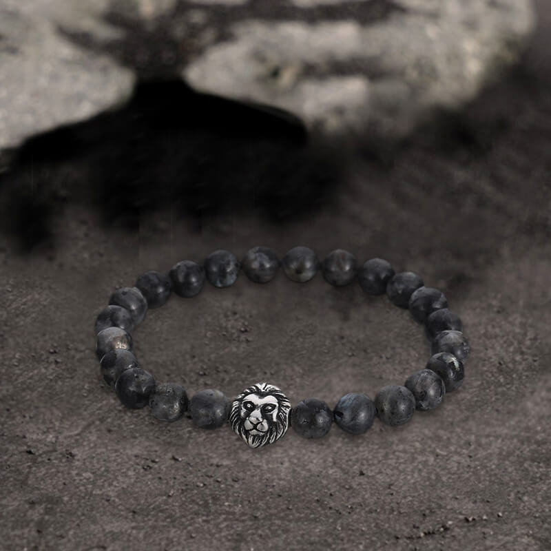 Lion Head Agate Stone Stainless Steel Bead Bracelet | Gthic.com