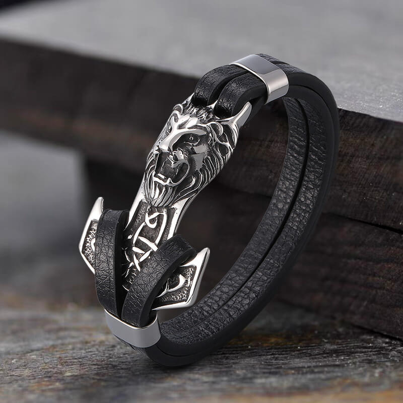 Lion Head Anchor Stainless Steel Leather Bracelet | Gthic.com
