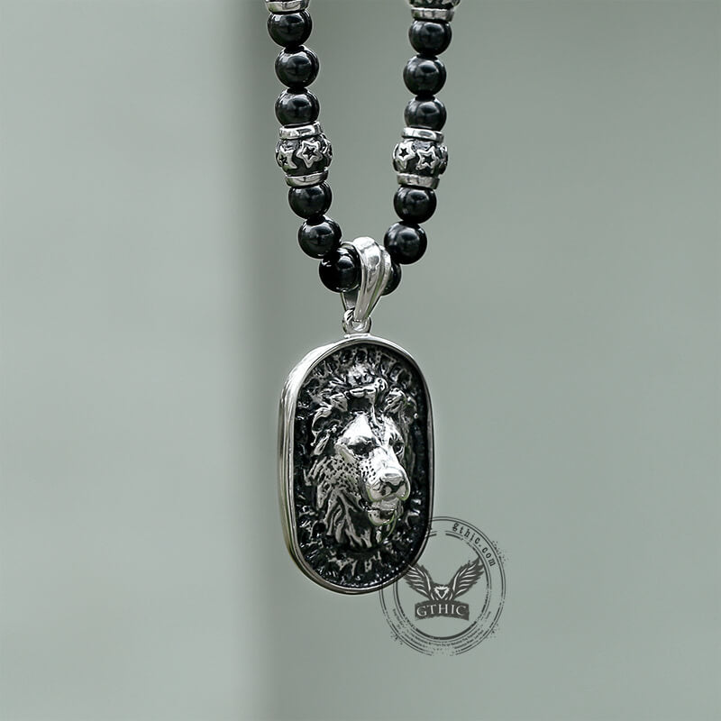 Lion Head Black Beads Chain Stainless Steel Necklace | Gthic.com