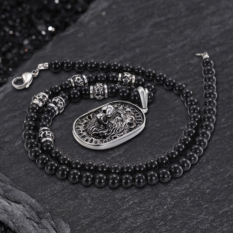Lion Head Black Beads Chain Stainless Steel Necklace | Gthic.com