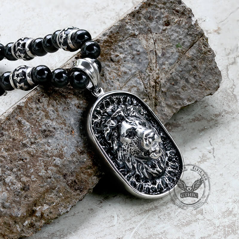 Lion Head Black Beads Chain Stainless Steel Necklace | Gthic.com