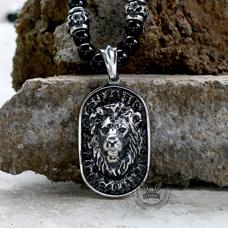 Lion Head Black Beads Chain Stainless Steel Necklace