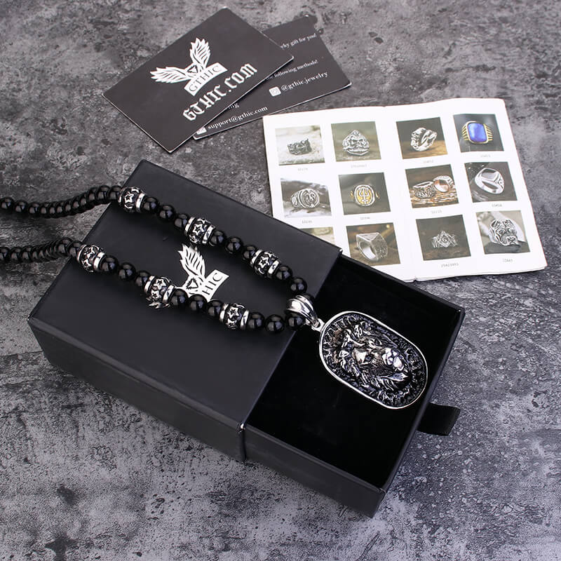 Lion Head Black Beads Chain Stainless Steel Necklace