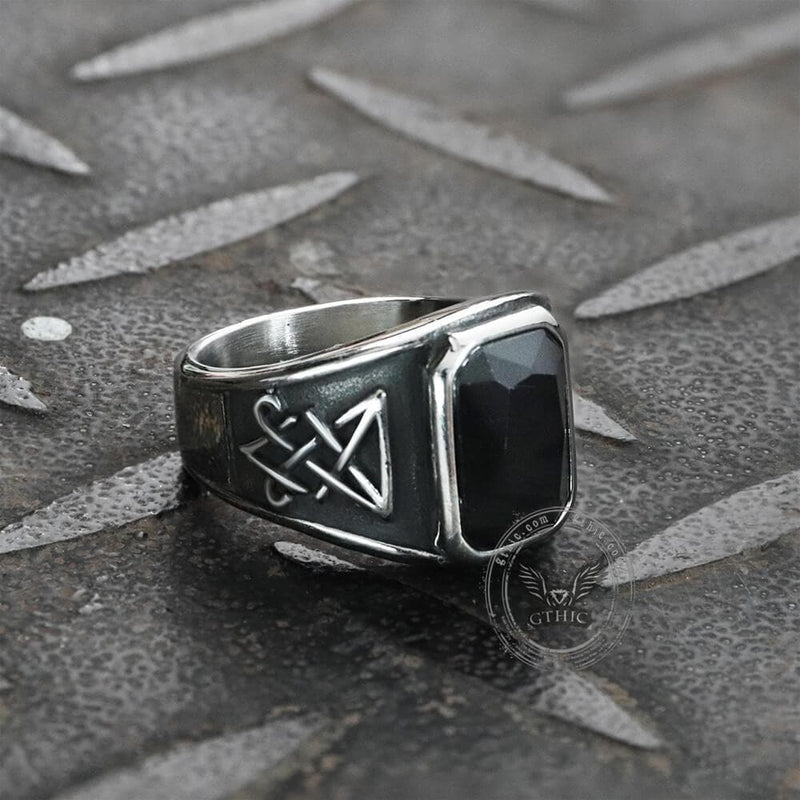 Lucifer Symbol Black Gem Stainless Steel Ring 04 | Gthic.com