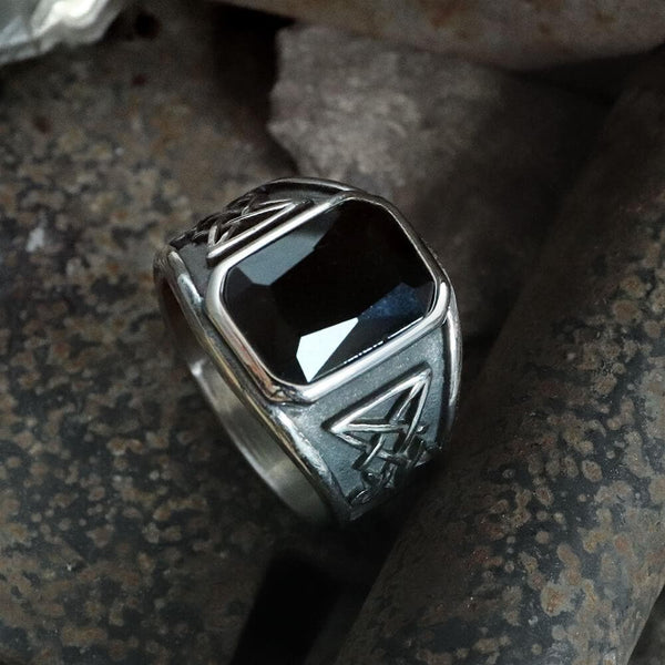 Lucifer Symbol Black Gem Stainless Steel Ring 01 | Gthic.com