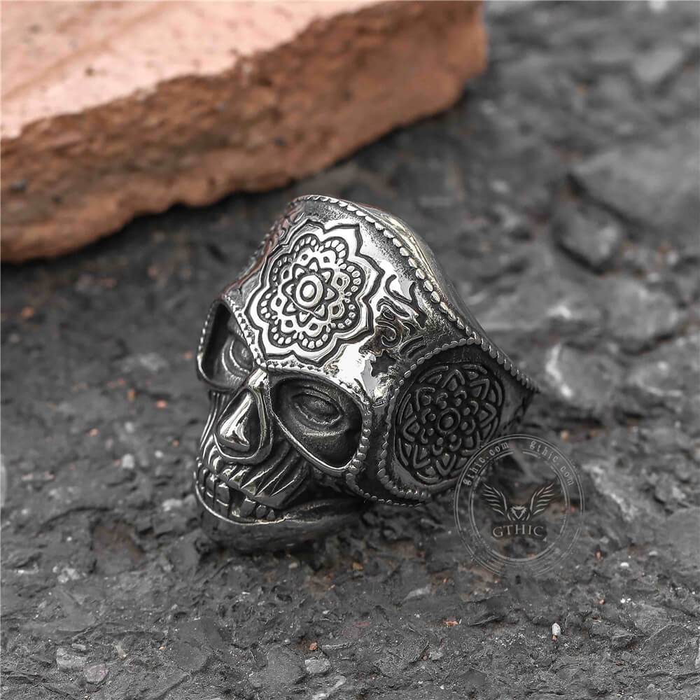 Mandala Flower Stainless Steel Skull Ring - GTHIC