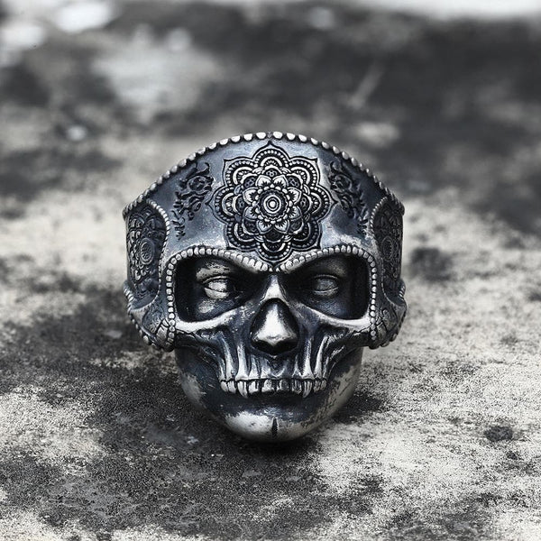 Mandala Flower Copper Sterling Silver Skull Ring 01 | Gthic.com