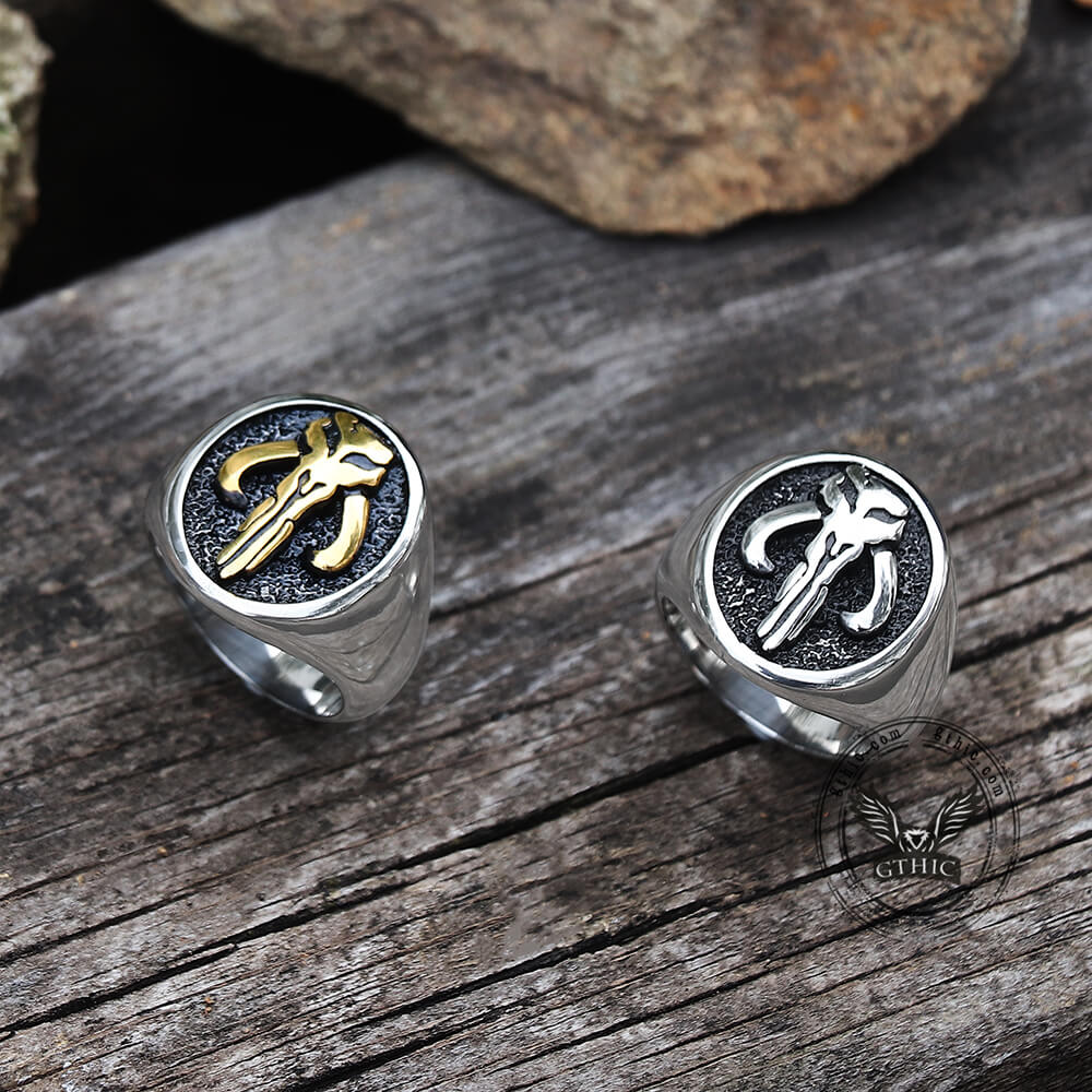 Mandalorian Symbol Stainless Steel Skull Ring 02 | Gthic.com