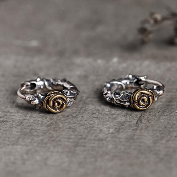 Metal Rose and Thorns Sterling Silver Hoop Earrings | Gthic.com
