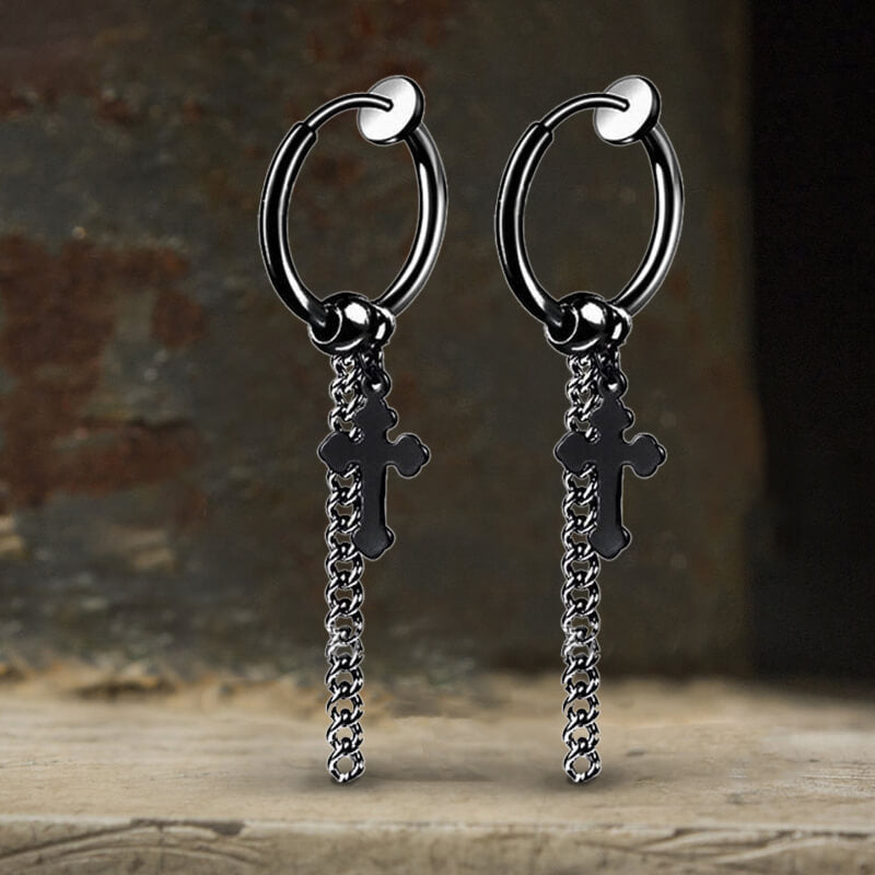 Minimalist Cross Chain Stainless Steel Hoop Earrings | Gthic.com