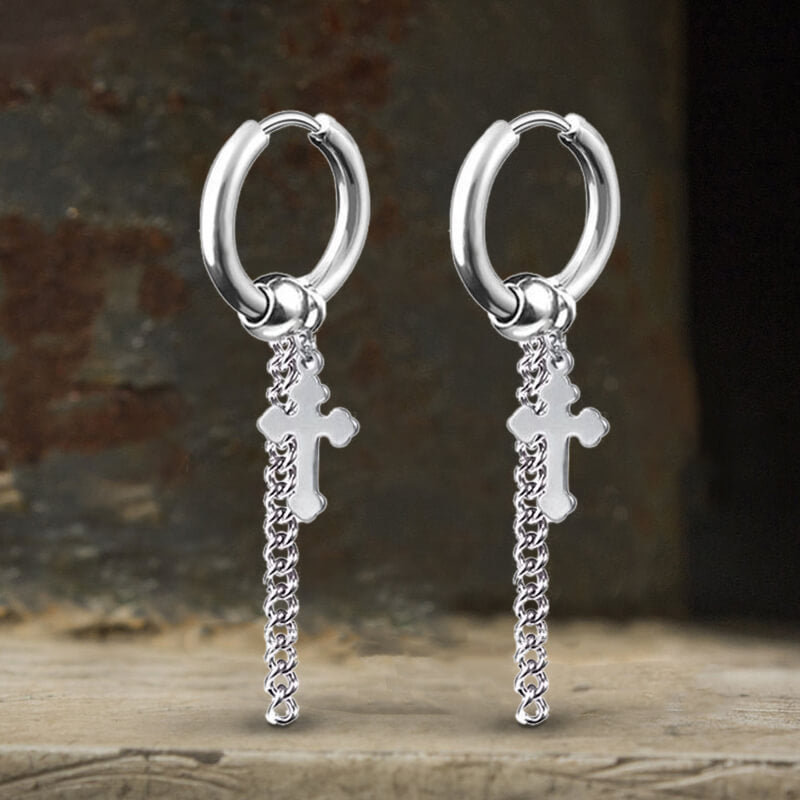 Minimalist Cross Chain Stainless Steel Hoop Earrings | Gthic.com
