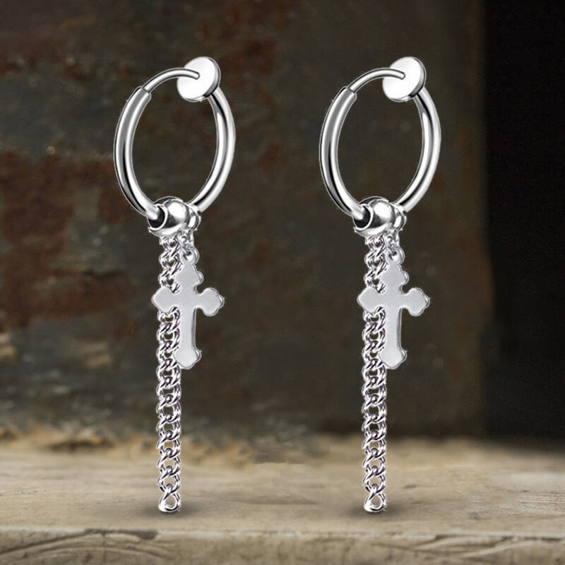 Minimalist Cross Chain Stainless Steel Hoop Earrings | Gthic.com