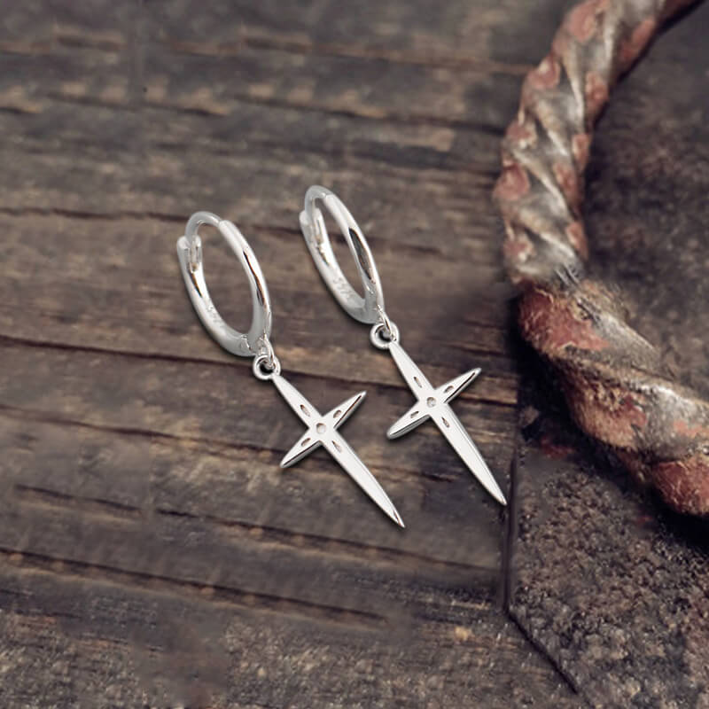 Minimalist Cross Charm Sterling Silver Hoop Earrings | Gthic.com