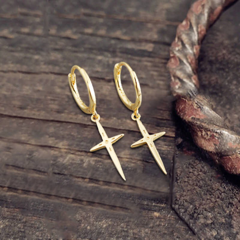 Minimalist Cross Charm Sterling Silver Hoop Earrings | Gthic.com