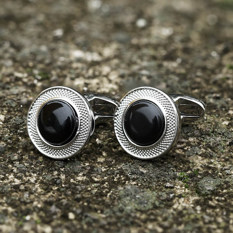 Minimalist Round Onyx Men's Suit Brass Cufflinks | Gthic.com