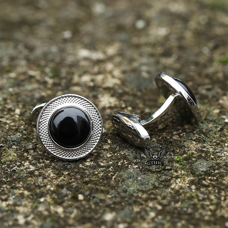 Minimalist Round Onyx Men's Suit Brass Cufflinks | Gthic.com