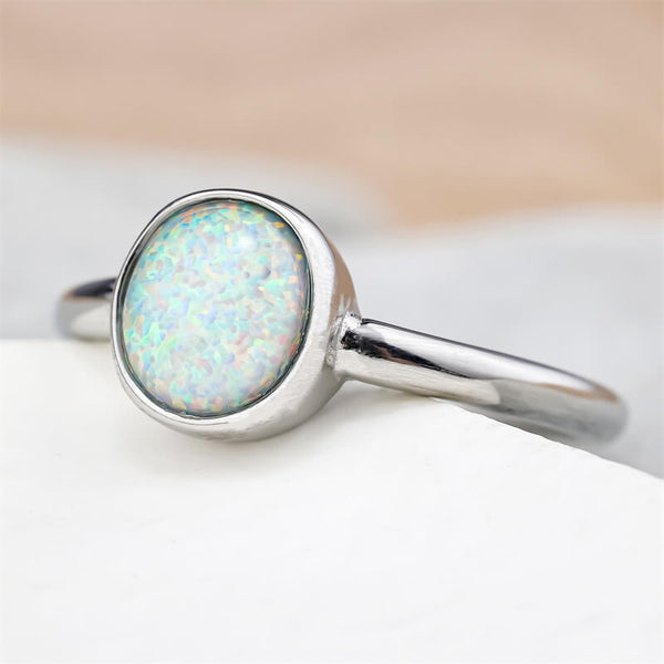 Minimalist Round Opal Stainless Steel Gemstone Ring | Gthic.com