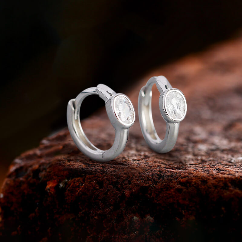 Minimalist Zircon Stone Sterling Silver Hoop Earrings | Gthic.com