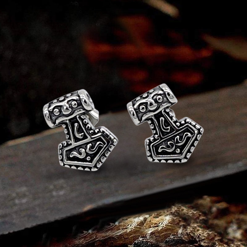 Mjöllnir Hammer Stainless Steel Viking Earring 01 | Gthic.com