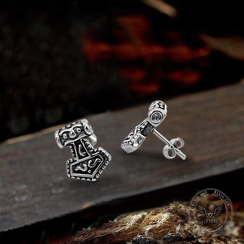 Mjöllnir Hammer Stainless Steel Viking Earring 02 | Gthic.com