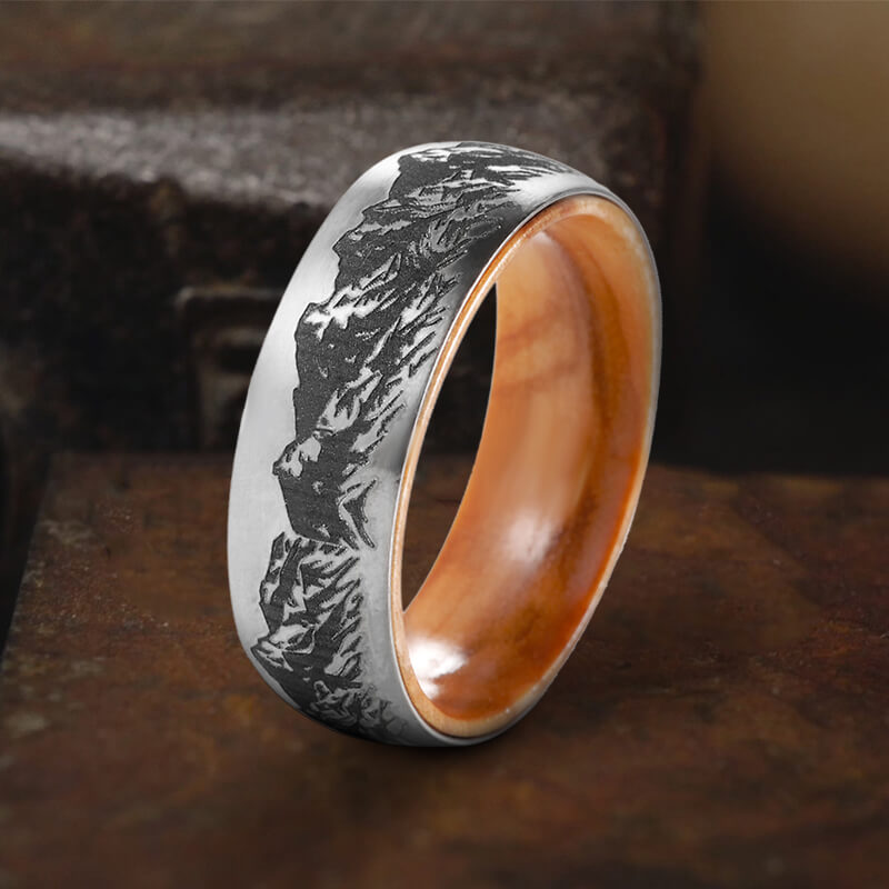 Mountain Scene Titanium Wooden Ring | Gthic.com