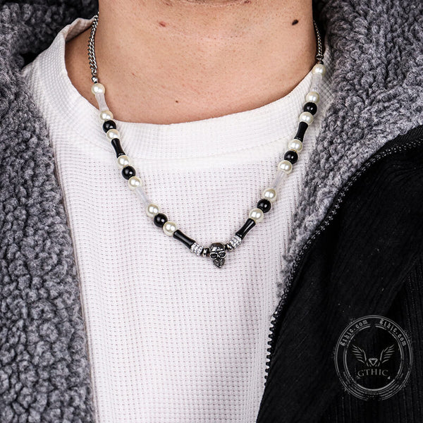 Totenkopf-Halskette aus Edelstahl mit mehrfarbigen Edelsteinperlen