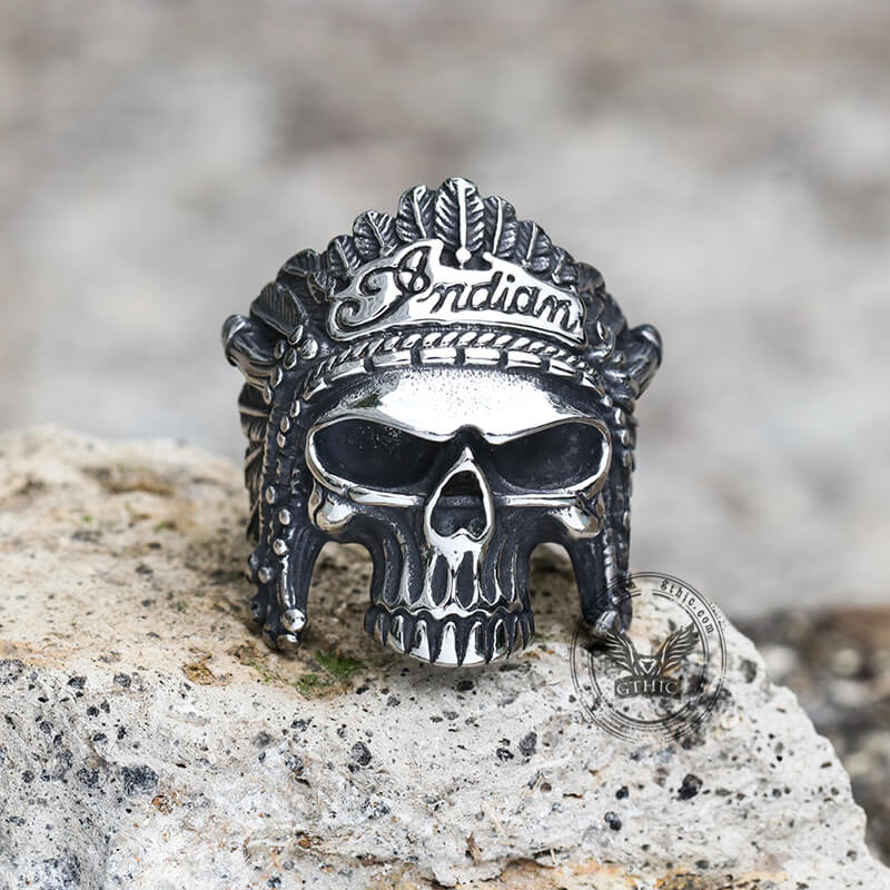 Native Indian Chiefs Skull Stainless Steel Ring | Gthic.com