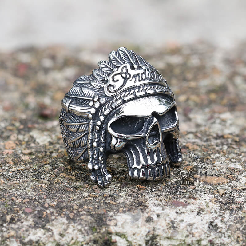 Native Indian Chiefs Skull Stainless Steel Ring | Gthic.com