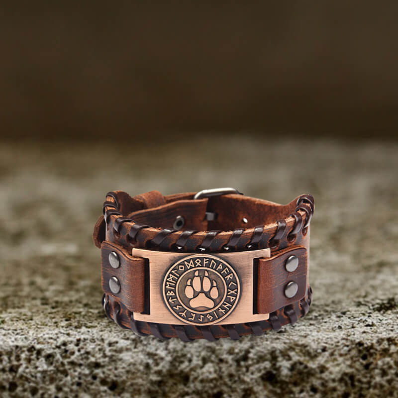 Nordic Wolf Paw Runes Leather Viking Bracelet | Gthic.com