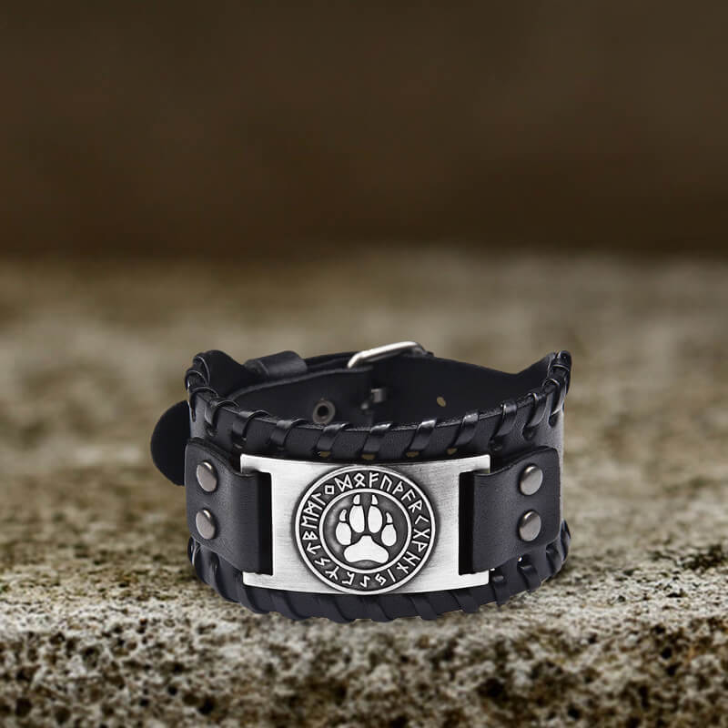 Nordic Wolf Paw Runes Leather Viking Bracelet | Gthic.com