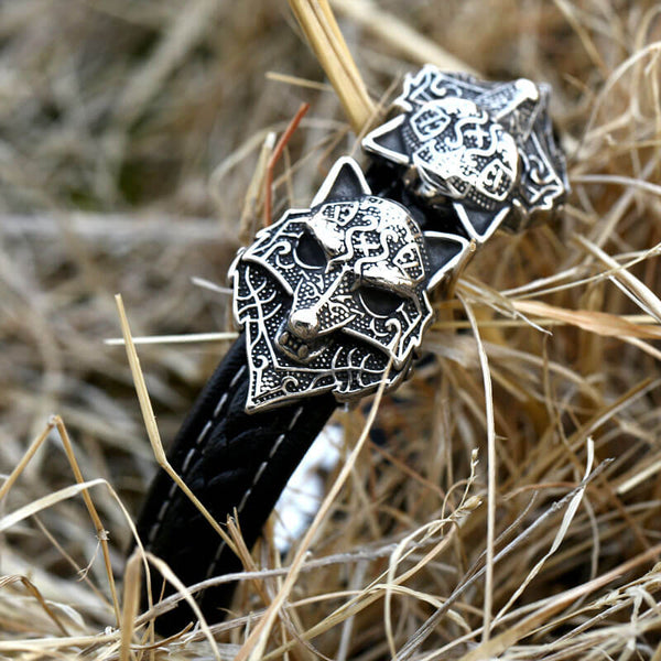 Nordic Wolf Stainless Steel Leather Viking Bracelet | Gthic.com