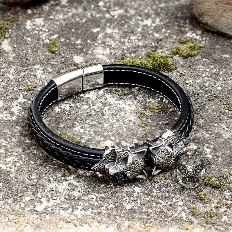 Nordic Wolf Stainless Steel Leather Viking Bracelet | Gthic.com