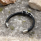 Nordic Wolf Stainless Steel Leather Viking Bracelet | Gthic.com