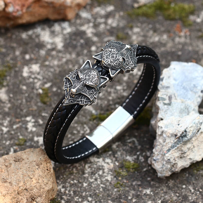 Nordic Wolf Stainless Steel Leather Viking Bracelet | Gthic.com