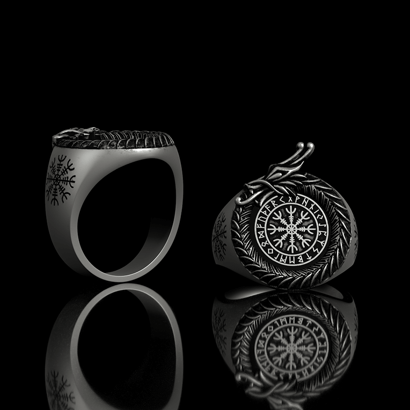 Norse Dragon Helm of Awe Sterling Silver Viking Ring | Gthic.com