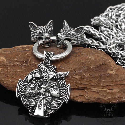 Odin Wolf Raven Stainless Steel Viking Pendant | Gthic.com