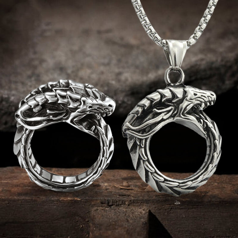 Ouroboros Dragon Stainless Steel Ring Necklace Set | Gthic.com