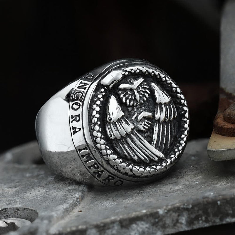 Owl And Ouroboros Stainless Steel Ring03 | Gthic.com