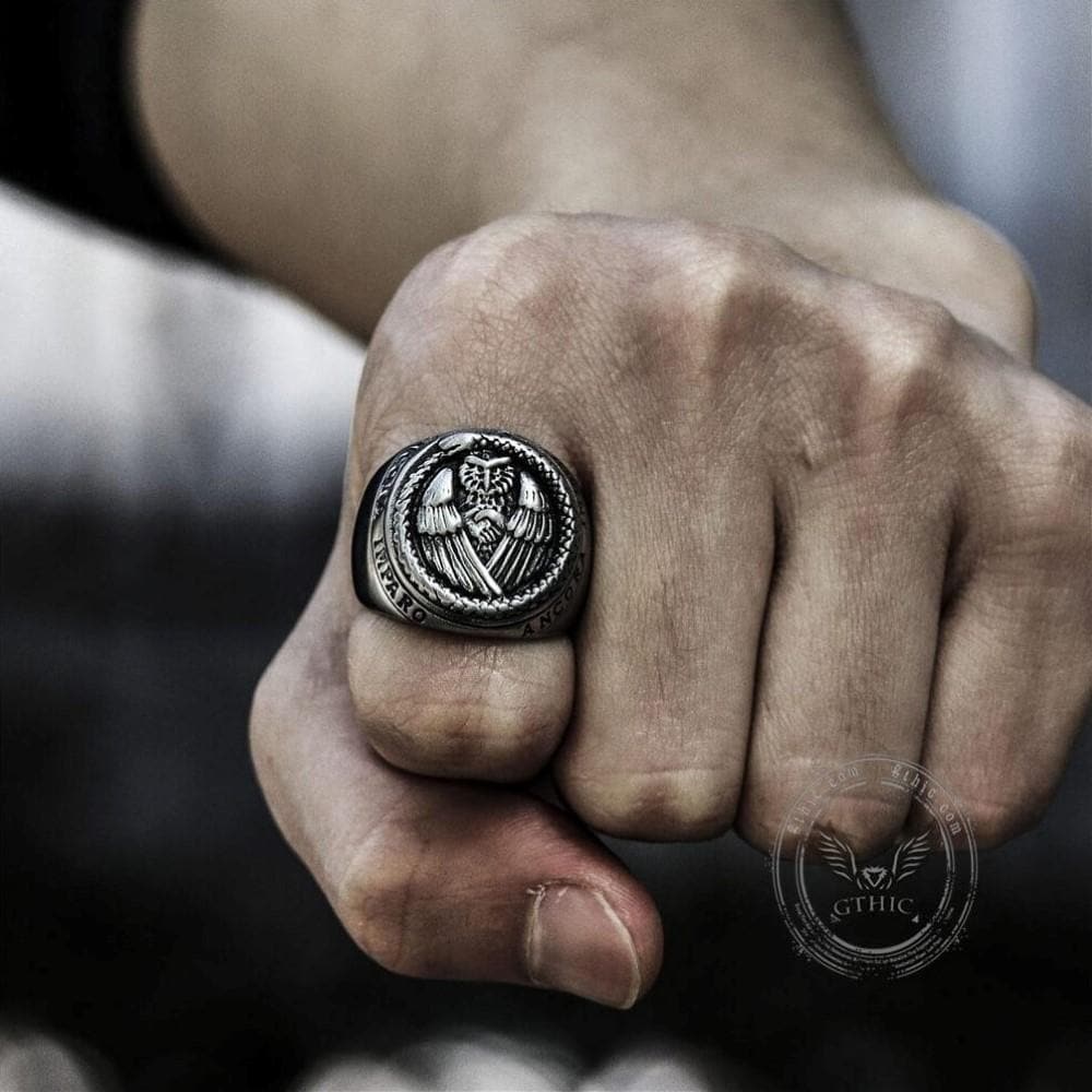 Owl And Ouroboros Stainless Steel Ring02 | Gthic.com