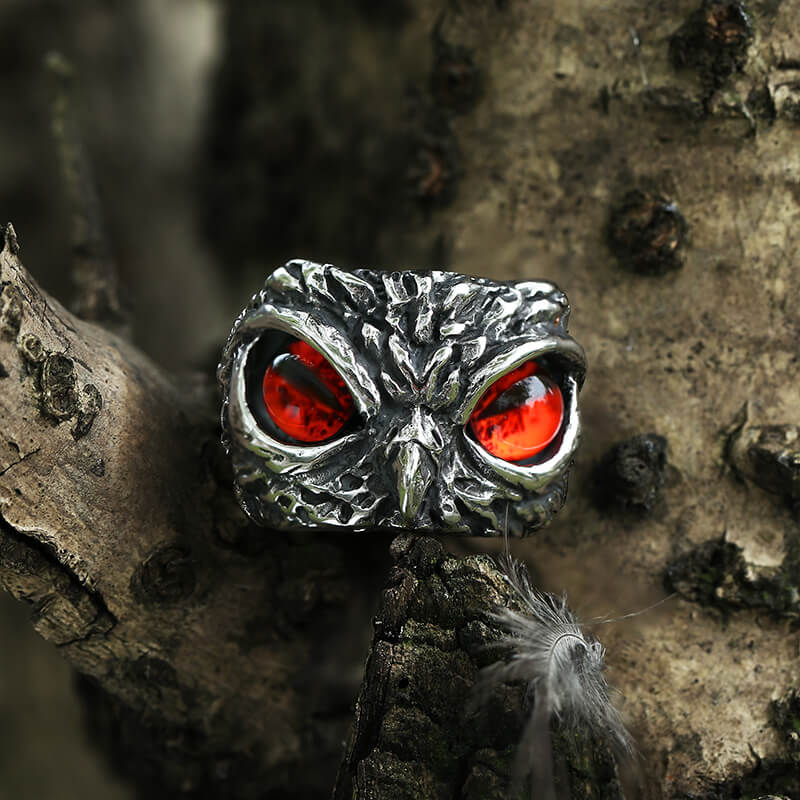 Owl Stainless Steel Animal Ring Red | Gthic.com