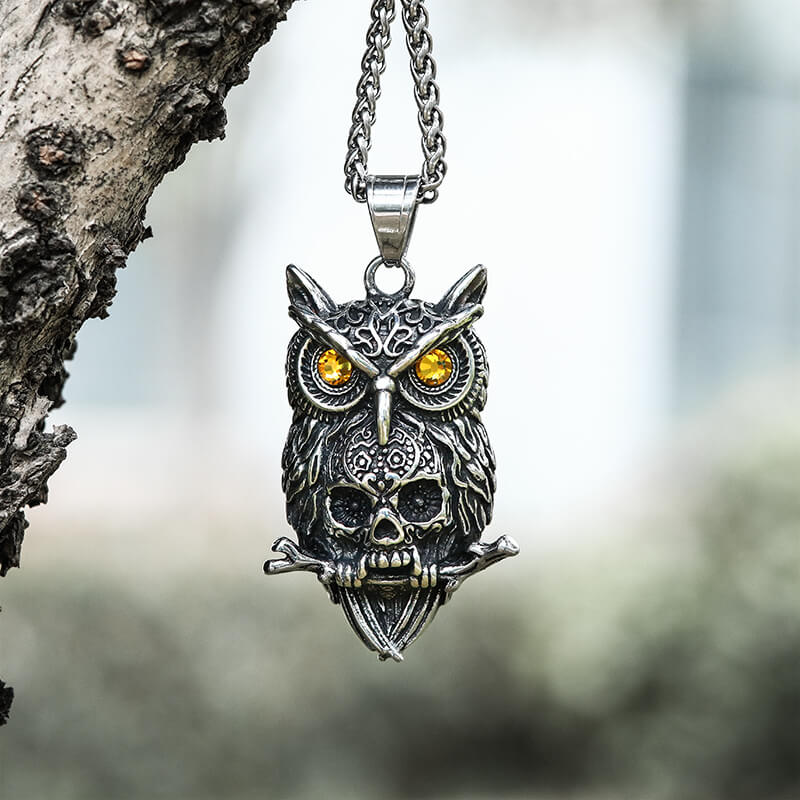 Owl Stainless Steel Gemstone Skull Pendant | Gthic.com