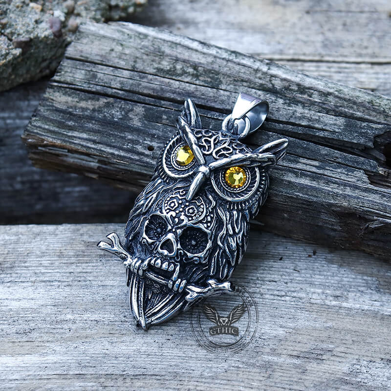 Owl Stainless Steel Gemstone Skull Pendant | Gthic.com