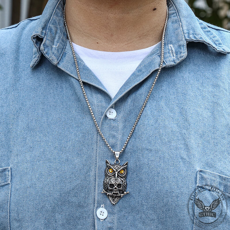 Owl Stainless Steel Gemstone Skull Pendant