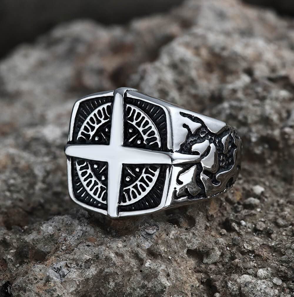Pirate Compass Cross Stainless Steel Ring | Gthic.com