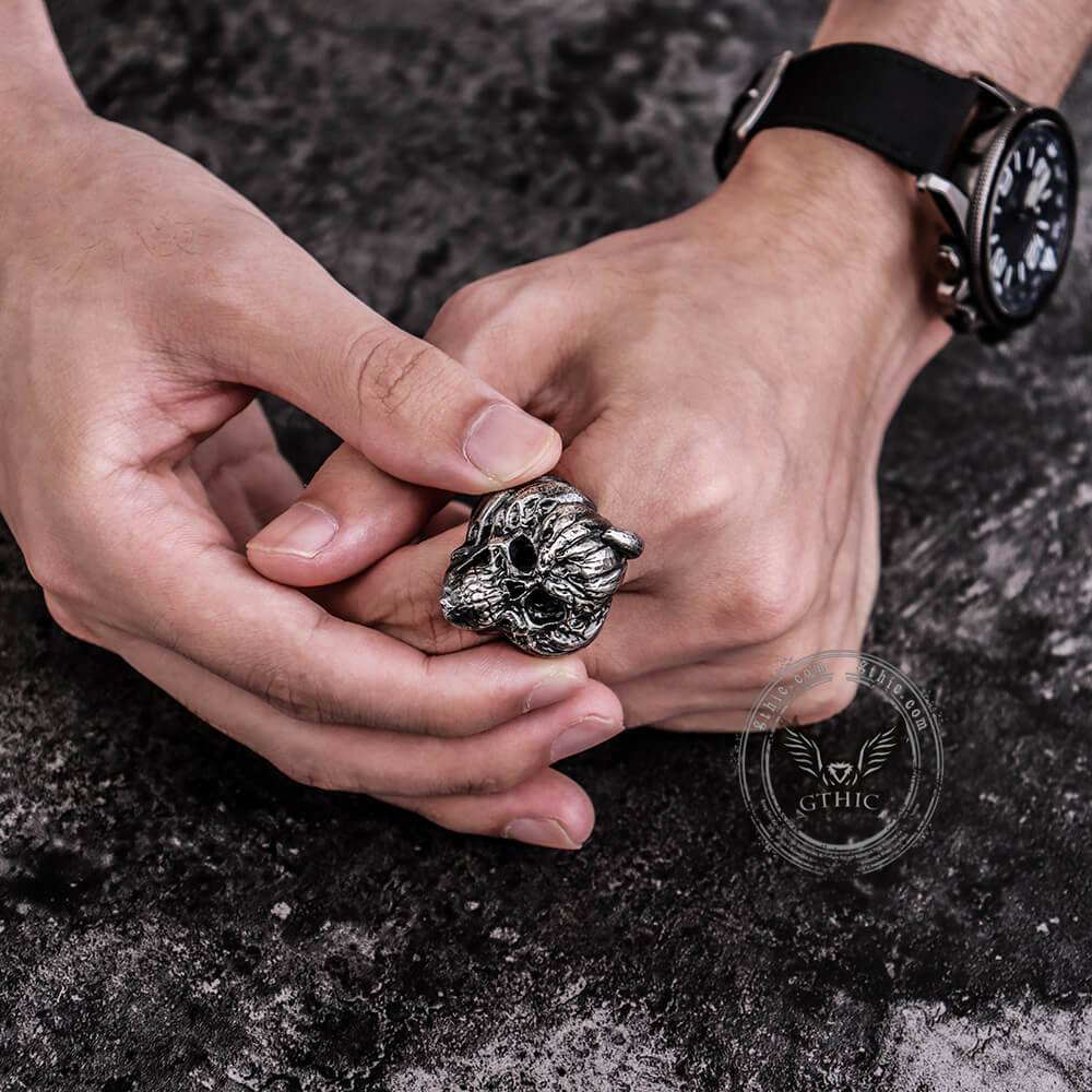 Pumpkin Skull Sterling Silver Brass Ring | Gthic.com