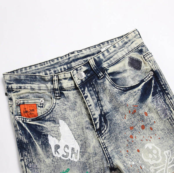 Punk-print Paneled Ripped Cotton Mid-rise Pants | Gthic.com